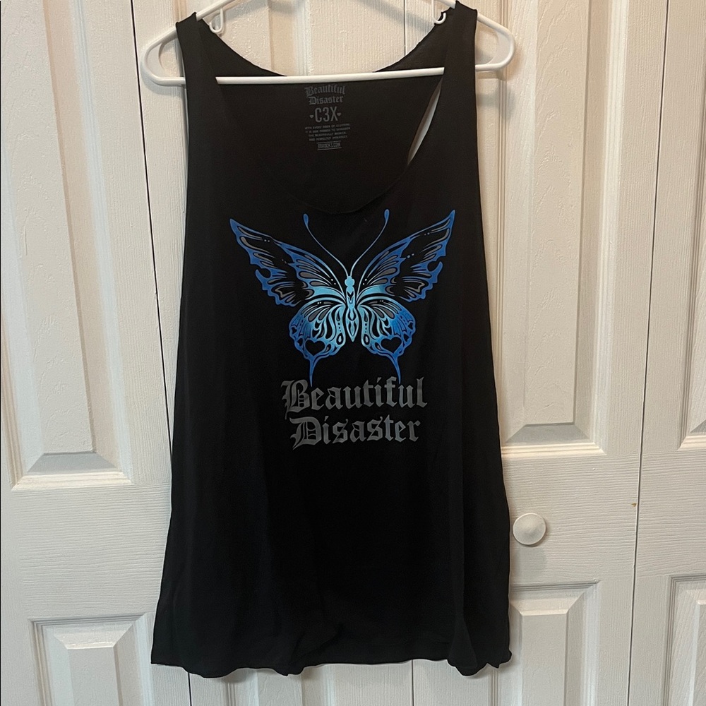 Beautiful Disaster Women's Black Muscle Tee with Blue Butterfly Graphic